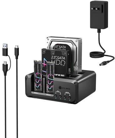 4 Bay NVMe M.2 & SATA SSD/HDD Hard Drive Docking Station, ICY BOX USB-C 10Gbps NVMe Reader, SATA to M.2 NVMe enclosure, 2.5/3.5 Hard Drive Dock Station Up to 48TB, Individual Power Switches, Tool-Free