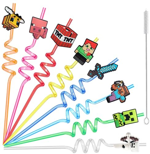 9 Pezzi Miner Cannucce Riutilizzabili Bambini, Cannucce di Plastica Ricurve | Decorazioni di Compleanno Bambini, Cannucce Bambini Spirale, Festa per Cocktail