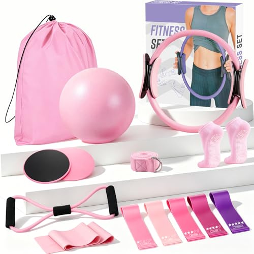 ZOBMIO Pilates Equipment,Pilates Kit 13Pcs Home Pilates Essentials Workout | Kit with Ring,5 Bands and Training Poster & Portable Bag Resistance Bands for Home Pilates Kit for Women and Full Body Toning