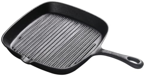 NOLITOY Sartén de Hierro Fundido Negro sin Revestimiento Antiadherente para Freír Carne, Cuadrada a Rayas 24x24 Cm Mango de 13 Cm para Camping y Uso Doméstico