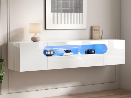 LUXOAK 160 cm TV Lowboard hängend, LED, Hochglanz, Wandmontage, Weiß | RGB LED mit App-Steuerung, Unsichtbare Kabelführung, Floating-Design, Kratzfeste Oberfläche