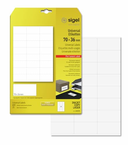 SIGEL Universal Etiketten 70 x 36 mm selbstklebend 600 Etiketten | LA131, Weiße Drucketiketten auf 25 Blatt