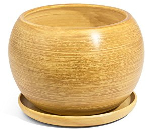 Keramik Blumentopf Unikat Kugel handbemalt D 110 mm inkl. Untersetzer hell braun