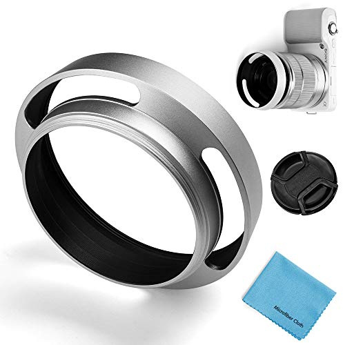 49mm Hohl Gegenlichtblende,Fotover Universal Metall Sonnenblende Streulichtblende mit Objektivdeckel für Canon Nikon Sony Pentax Olympus Fuji Kamera + Mikrofaser Putztuch Silber