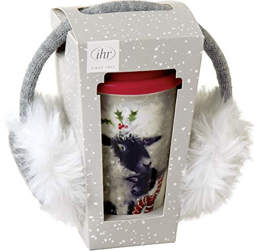 IHR - POH 887700 - Kaffeebecher, Coffee to go, Weihnachten, Schafe, Beth and Tilly, mit Silikondeckel und Ohrenwärmer, Porzellan, 13cm x 8cm, 350ml