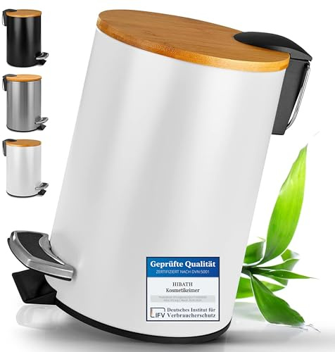 HIBATH® Badrumskorg med bambulock, papperskorg med automatisk sänkning, papperskorg för badrum (3 liter, vit)