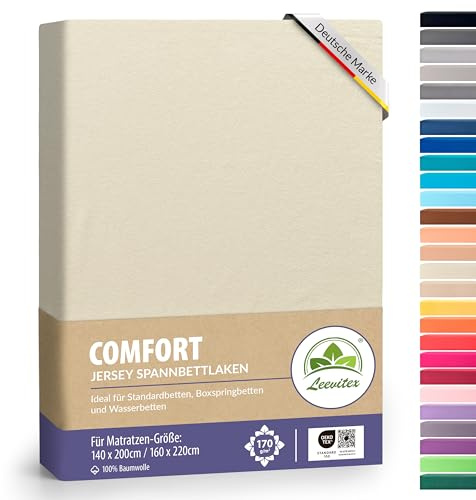 leevitex® Premium Spannbettlaken 140x200-160x220 cm - 40 cm Steg - auch für Boxspringbett & Wasserbett | 100% Mako-Jersey-Baumwolle | ÖKO-TEX | 170g/m² | Creme/Naturweiß