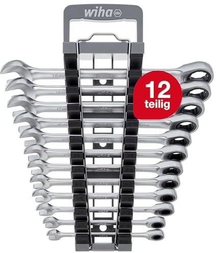 Wiha Ringratschen-Gabelschlüssel Set 12 teilig inkl. Halter I Ring Ratschenschlüssel Set 8-19 mm I Maulschlüssel Satz mit Ringratsche (44665)