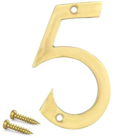 TERF® 3 Inch (75mm) Brass Polished Finish Screw Fix Front Door Number '' 5 '' Mailbox Hotel House Door Number Suitable for All Door Types Wooden, u PVC and Composite With Fixing Screw [ Number - 5 ]