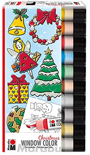 Marabu 0406000013894 - Window Color Christmas Set, 10 Fenstermal-Farben á 25 ml und eine Mal-Vorlage mit 20 Motiven, Farben auf Wasserbasis, geeignet für Glas, Spiegel, Fliesen und Folie