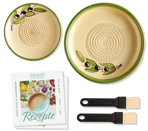 evergrate Geniales Duo: Tellerreibe + Dipschale Motiv Olivia mit 2 Küchenpinsel und 2 Rezepthefte