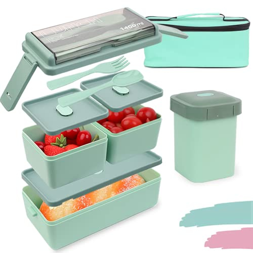 Bugucat Lunchbox 1400ML 4PCS, Boîte à Bento Boîte à Déjeuner Bento Box Avec 3 Compartiments et Couverts,Boite Bento pour Chauffage au Four à Micro-ondes, Boîte à Repas en Plastique pour Enfant Adult