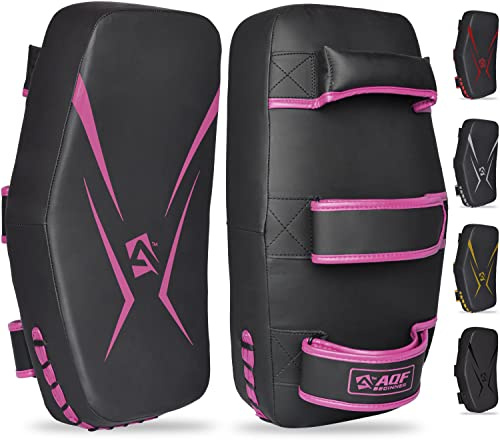 AQF Thai Pads für Kickboxen Muay Thai Pad mit festem Griff, Maya Leder Gebogene Strike Schild für Boxen MMA Kampfsport Taekwondo, Training Sport (Single, Rosa)