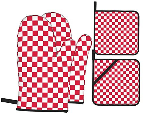Lot de 4 maniques et maniques rouges à carreaux blancs - Résistants à la chaleur - Antidérapants - Imperméables - Pour cuisine, barbecue