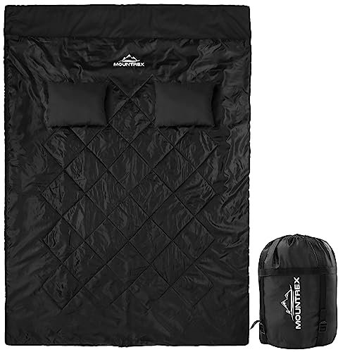 MOUNTREX Doppelschlafsack - Sommer Schlafsack für 2 Personen (210 x 150cm), Deckenschlafsack - XXL Sommerschlafsack mit 2 Kopfkissen für Erwachsene - Camping, Outdoor & Indoor (Schwarz)