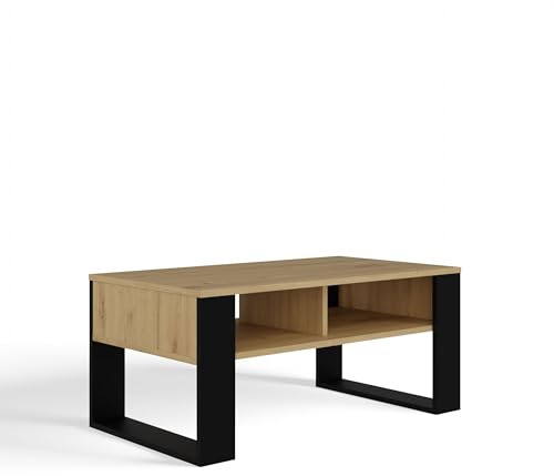 CDF Moderner Couchtisch Loft Wohnzimmertisch mit 2 Ablagen, Robuster Beistelltisch Kaffeetisch Kratzfest, 90 x 58 x 50 cm - Eiche Artisan/Schwarz