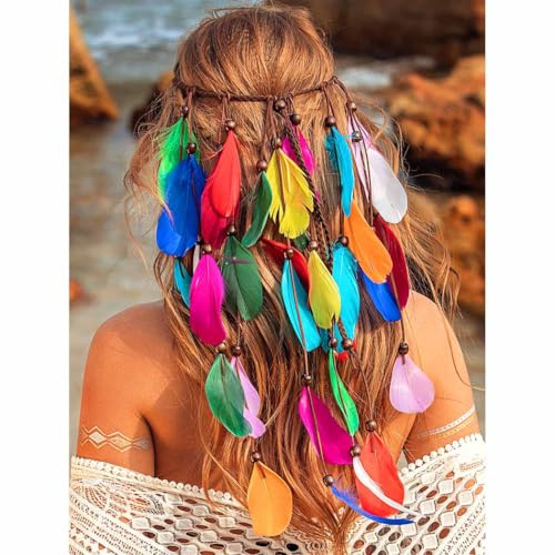 Fashband Indisches Feder Stirnband Boho Regenbogen Quaste Hippie Kopfschmuck Tribal Kopfschmuck Perlen Festival Party Kopfbedeckung Haarschmuck für Frauen und Mädchen (A)