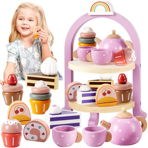 HERSITY Spielküche Zubehör Teeservice Kinder Holz, Tee Set Mädchen mit Dessert Lebensmittel Kinderküche Teekanne Spiel, Teeparty Spielzeug Geschenk für Kleinkinder 3 4 5 Jahren