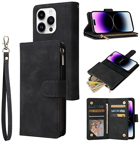 QLTYPRI Case for iPhone 15 Pro Max 6.7 inch, Large Capacity Leather Wallet Case 6 Card Holder & 1 Zipper Pocket Kickstand Wrist Strap Magnetic Case for iPhone 15 Pro Max - Black