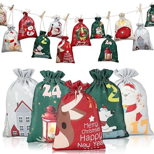 Calendario de Adviento para Rellenar 2024, Navidad 24 Bolsas de Regalo Decorativas, Dos Tamaños Bolsas de Calendario Navideño, Reutilizables 24 Días Hacer Cuenta Atrás Calendario Familiar de Adviento