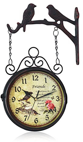 BYUTFA Reloj de Pared Reloj de Pared de Doble Cara Reloj de estación Antiguo Retro Reloj Colgante de Pared Europeo para Interior Exterior Jardín Oficina en casa