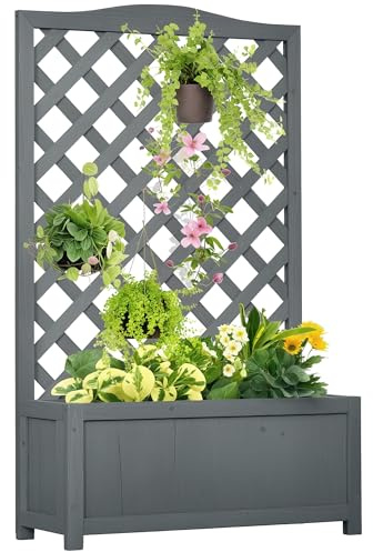 Outsunny Wooden Raised Garden Bed with Trellis, 46 Planter Box, to Grow Vegetables, Herbs, and Flowers for Backyard, Patio, Gray