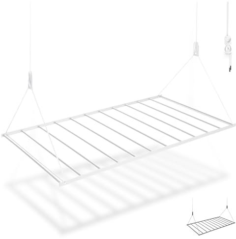 Natural Goods Berlin platzsparender Wäscheständer Swing 56x110 cm weiß/Deckenwäscheständer aus robustem Stahl/Stabiler Wäscheständer Decke/Deckenwäschetrockner mit raumsparendem Design