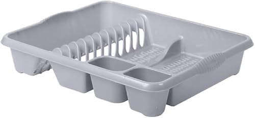 AaH1 Large Plastic Dish Drainer (Silver) | Holds Up to 12 Plates with Dual Cutlery Compartments | Sturdy & Stylish Dish Rack (46.5cm x 38cm) Kitchen Sink Accessory