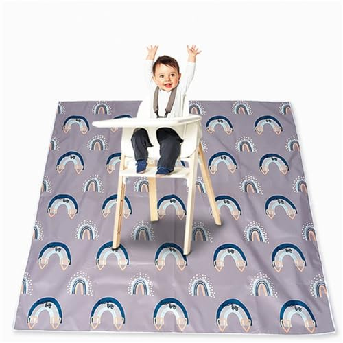 Treer Hochstuhl Bodenmatte Baby Hochstuhl Unterlage 110cm Kreatives Spritzmatte für Unter Hochstuhl, Bodenschutzmatte Wasserdicht Rutschfest Krabbelmatte Faltbar Spielmatte (Grauer Regenbogen)