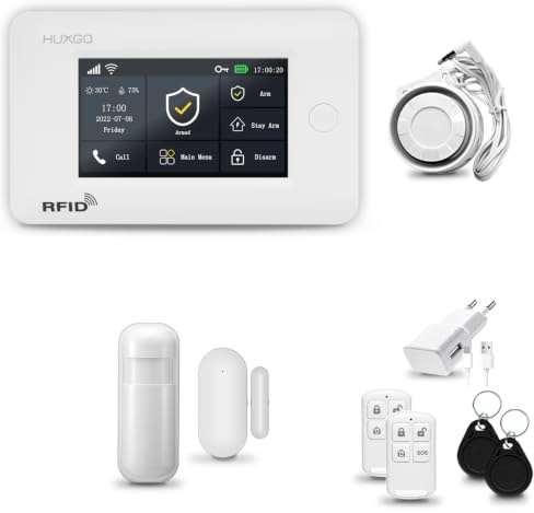 HUXGO® HXA006 Alarmanlage Haus WiFi + GSM mit Sirene | Alarm System mit Bewegungssensor, Fensteralarm/Türalarm | Alarmanlage Fernbedienung – Smart Home Security