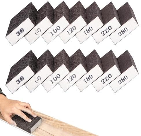 Schleifschwamm Holz, 14 Stück Schleifschwämme, 36/60/100/120/180/220/280 Körnung Schmirgelpapier Waschbar Wiederverwendbar zum Schleifen Polieren Metall Holz(Grau)