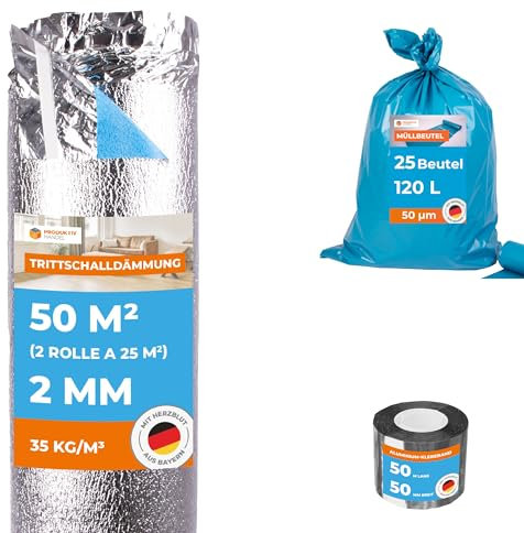 Spar Set Trittschalldämmung PREMIUM SILVER PLUS 2mm 50m² / 1 Rolle Dampfsperren Klebeband 50m / 120 Liter blaue Müllsäcke 25 Stück / Dämmung für Parkett & Laminat