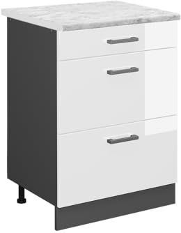Vicco Küchenunterschrank R-Line, Weiß Hochglanz, 60 cm | 3 Schubladen · AP Marmor inkl. · Höhenverstellbare Füße · ✓ Leichter Zugriff · ✓ Frei kombinierbar