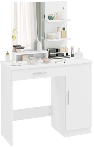 HOMCOM Postazione Trucco con Mobile con Anta, Cassetto, Specchio per Trucco e Ripiani Aperti, Toeletta Trucco in Truciolato, 90x38x138 cm, Bianco