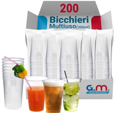 G.M. DISTRIBUZIONE 200 Bicchieri Kristal da 300ml in PS Trasparente, Riutilizzabili per Cocktail, Birra, Granite, Frappe, Bicchieri Multiuso Riutilizzabili, Per Bar e Lounge Bar