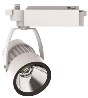Foco carril LED 30W 3000K 30º 230V trifásico para iluminación comercial y doméstica, adaptable a diferentes espacios.