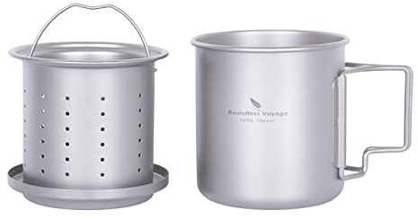 Boundless Voyage Tasse en titane 420 ml avec infuseur et couvercle - Tasse de camping en plein air avec filtre - Tasse à café légère monocouche avec poignée pliante - Portable - Randonnée - Voyage -