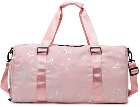 Kindersporttasche Reisetasche mit Schuhfach & Nassfach Schwimmtasche, Sternen Muster Sporttasche Mädchen Faltbare Gymnastiktasche Trainingstasche Tanztasche (Rosa)