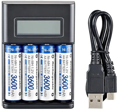 Cargador de batería Recargable AA: Cargador rápido USB con 4 Ranuras, Pantalla LCD, Carga Independiente para Pilas AA/AAA, Cargador Inteligente portátil para el hogar o Mientras viaja