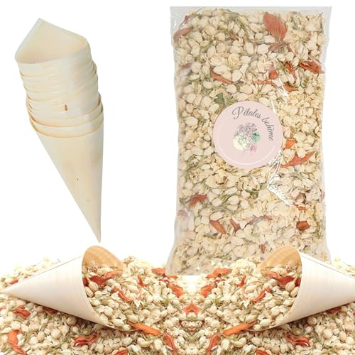Lot de 12 Cornets Confettis de Mariage Avec Pétales de Fleurs Séchées Jasmin Lys Orange, Pour Mariage Bohème Champêtre, Cône déja roulé en feuille de pin Biodégradables - Artisanat France (ORANGE)