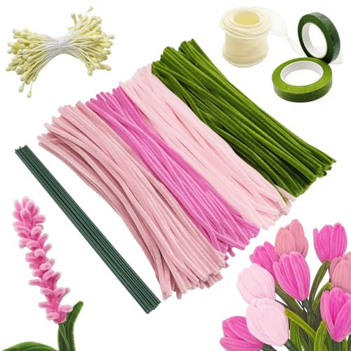 YUNYAKARSA 300 Stück Pfeifenreiniger Blumen Set, Pfeifenputzer zum Basteln, 4 Farben Pipe Cleaner, Pfeifenreiniger zum Basteln mit 20 Grün Basteldraht, Geschenkband, Floristenband, Staubblätter, Rosa