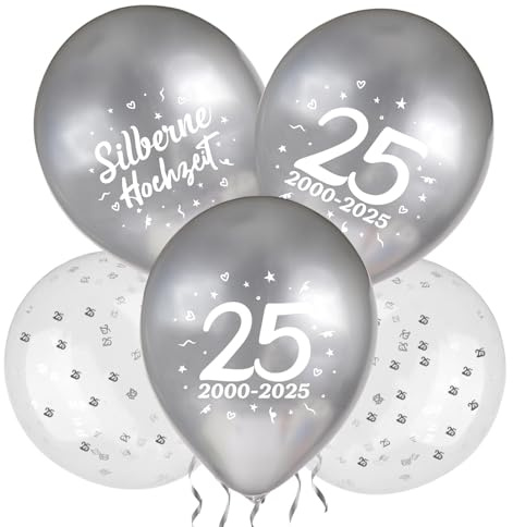 MEJOSER 24 Stück Silberhochzeit Deko 2025 Luftballons Silberne Hochzeit Metallic Ballons 12 Latex 25. Jahrestag Jubiläum Geschenke Party Zahl 25 Frauen Männer