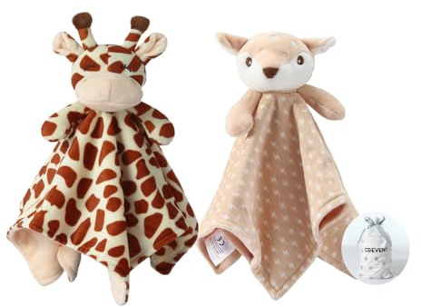 CREVENT Cozy Plush Baby Security Blanket, Loveys for Baby Girls and Boys, Birthday (Deer+Giraffe)