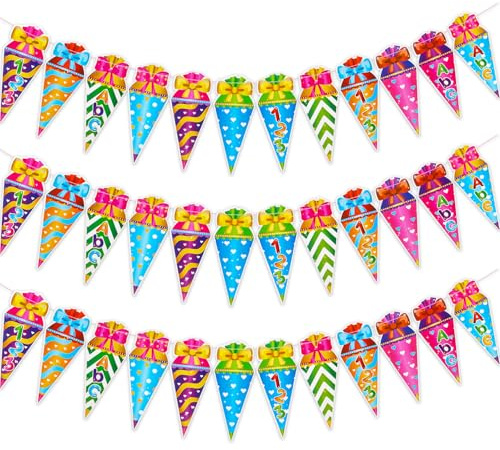 3 Stück Zuckertüten Girlande, Einschulung Girlande Schultüten Banner Hänge Deko für Einschulung Schuleinführung Schulanfang Deko Schulkind Jungs Mädchen