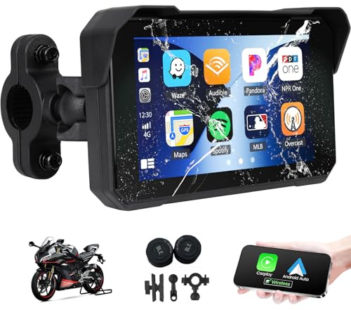 Écran GPS CarPlay pour Moto avec CarPlay sans Fil et Android Auto, écran Tactile Portable et étanche de 5 Pouces, Compatible Bluetooth et système de Surveillance de la Pression des pneus