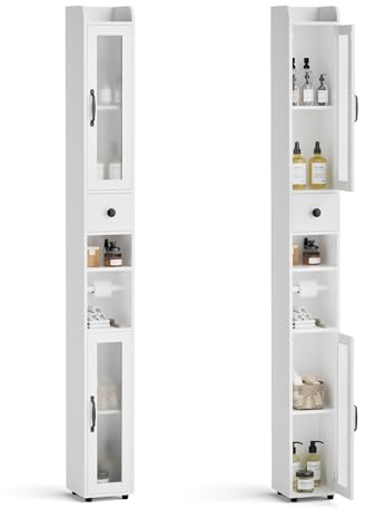 BonVache Tall Bathroom Storage Cabinet, Slim Storage Unit with Adjustable Shelves, Bathroom Shelves Cupboard for Kitchen Hallway Living Room Bedroom, Glass Door