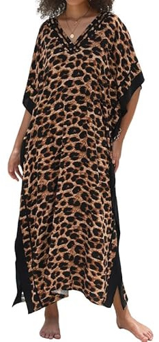 Bsubseach Damstrandkläder, turkisk kaftan, lång strandklänning, caftan, strandklänning, Leopard3, En Storlek