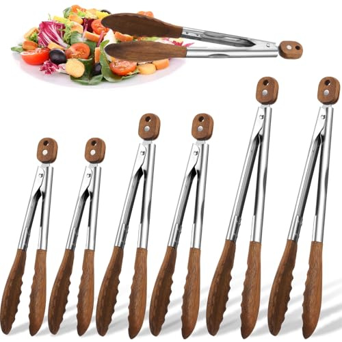 Patelai 6 Pcs Wooden Tongs for Cooking, 15, 11.5 and 9, Kitchen Stainless Steel Salad Tongs with Walnut Wood Tip for Serving Food Toaster Bread Non Toxic Grill Tong, Tossing Salad, Grilling