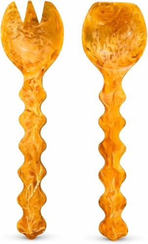 Vintage Style Salad Serving Spoon & Fork Set | Durable Lightweight Resin Utensils with Textured Handles | Elegant Retro Flatware for Kitchen, Dining, Entertaining & Gift Giving (Mustard)