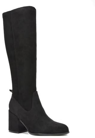 ESSEX GLAM Women's Knee High Boots Block Mid Heel Stretch Calf Fit Black Faux Suede Zip Size 4